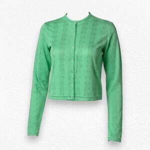 60s Vintage Pastel Green Acrylic Crewneck Crochet Cardigan Sweater Size Large